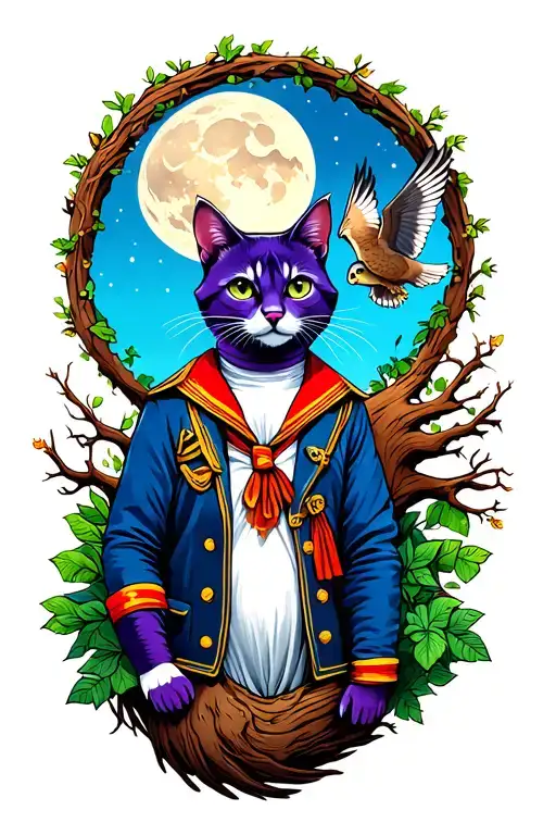 tree of life with purple cat, blue racoon in a sailors outfit and an owl flying with a full moon tattoo design idea