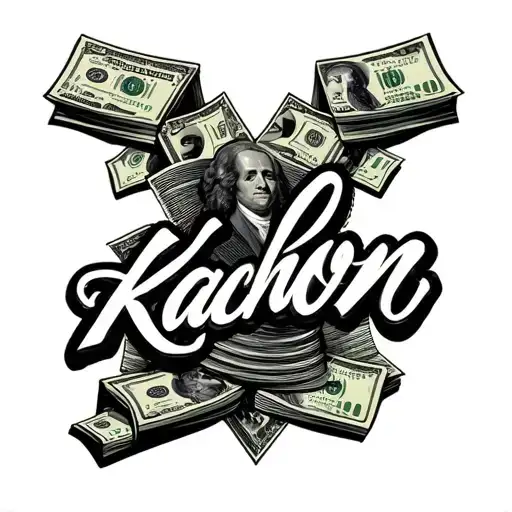 the name "kachon" in cursive  with money  tattoo design idea