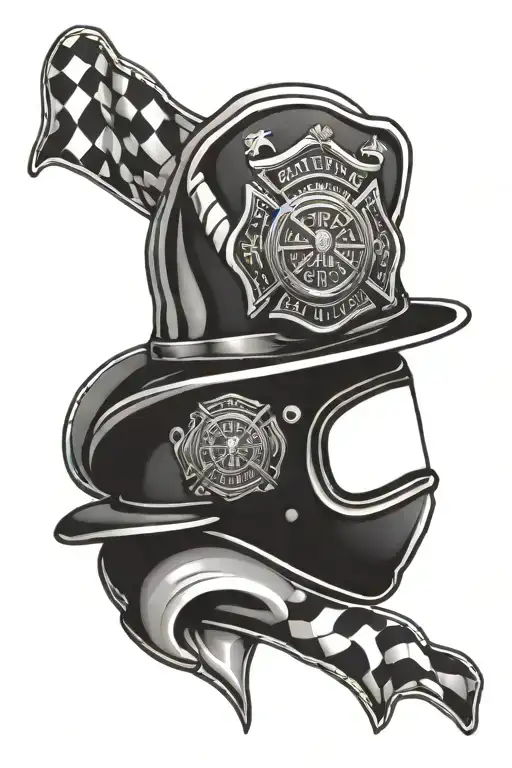 firefighters helmet with racing flags tattoo design idea