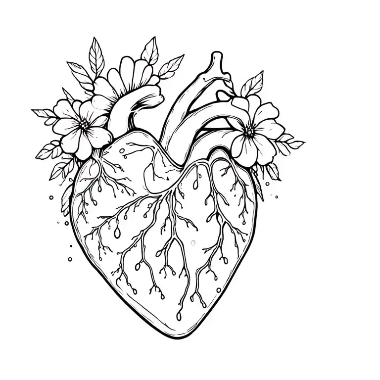 human heart with flowers, fragile like glass, slippery liquids tattoo design idea