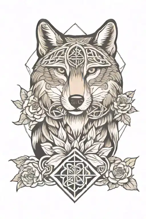 calm wolf, owl, lotus flower, celtic knot, mountains tattoo design idea