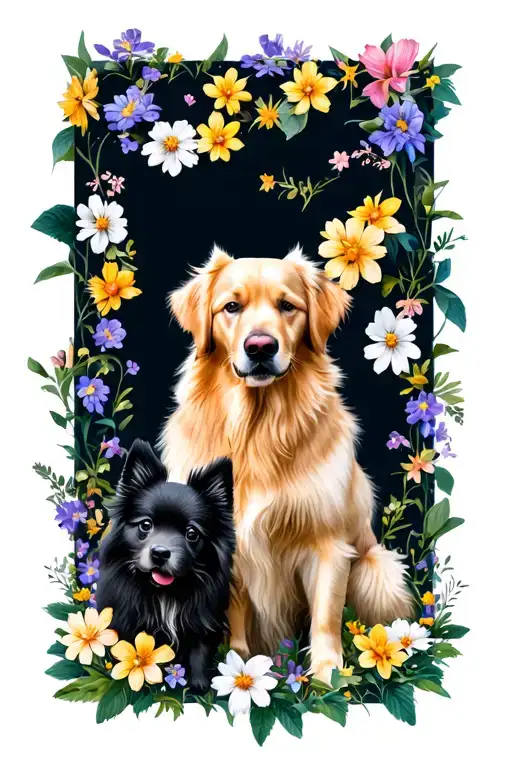 2 dogs. Big cream mixed Golden retriver. Small black mixed Japanese Spitz. Flowers all around them. tattoo design idea
