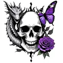 a skull with a rose between its teeth with a dragon on one side and a purple butterfly on the other  tattoo design idea