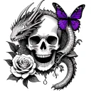 a skull with a rose between its teeth with a dragon on one side and a purple butterfly on the other  tattoo design idea