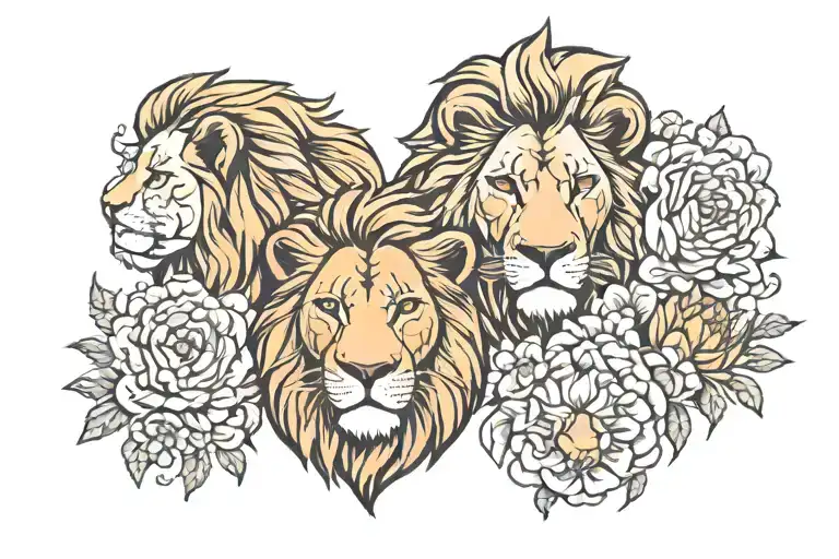 lion family of 4 only heads and flowers tattoo design idea