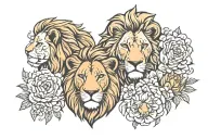 lion family of 4 only heads and flowers tattoo design idea
