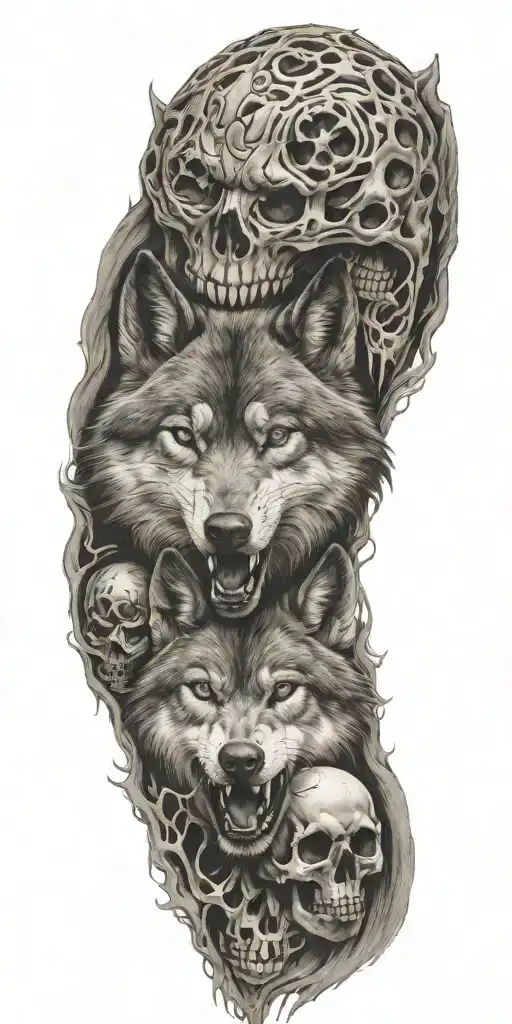 wolf and  skull tattoo design idea