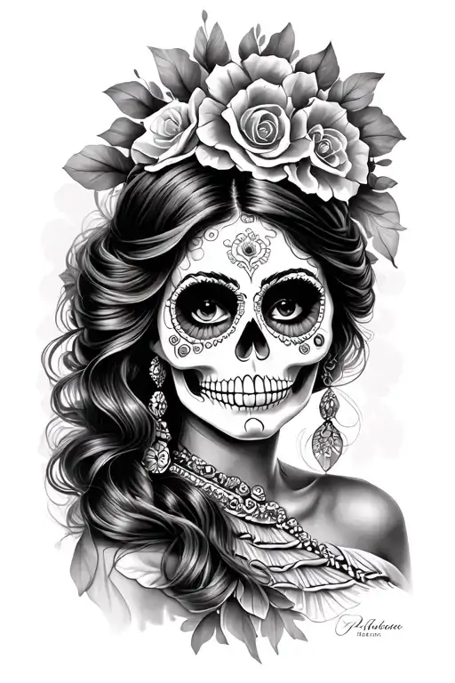 Sugar skull of a beautiful mexican woman tattoo design idea