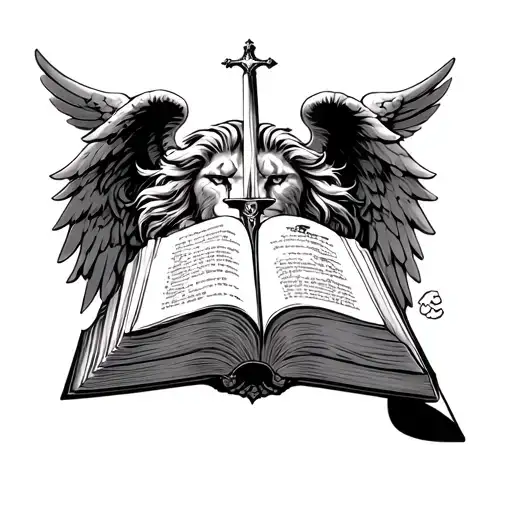 gladiator/lion face with the holy Bible with a sword through the middle and a angel with prayer hands chest tattoo  tattoo design idea
