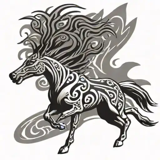 Mustang gallops behind a tribal coyote tattoo design idea