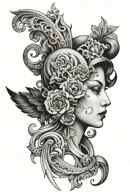 a futurist women black and white tattoo with renaissance era style tattoo design idea