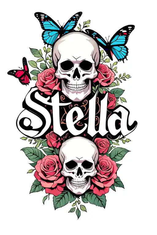 the Word Stella With Skulls, Roses, And Butterflies around it tattoo design idea