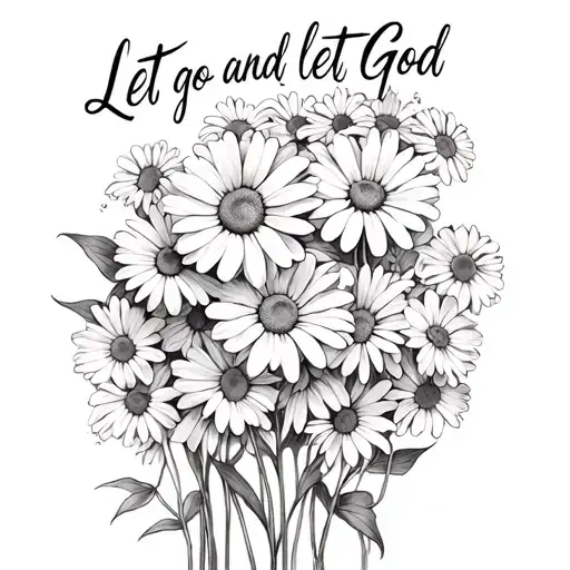 “Let go and let God” with daisies entwined with the words in a straight line for a forearm  tattoo design idea