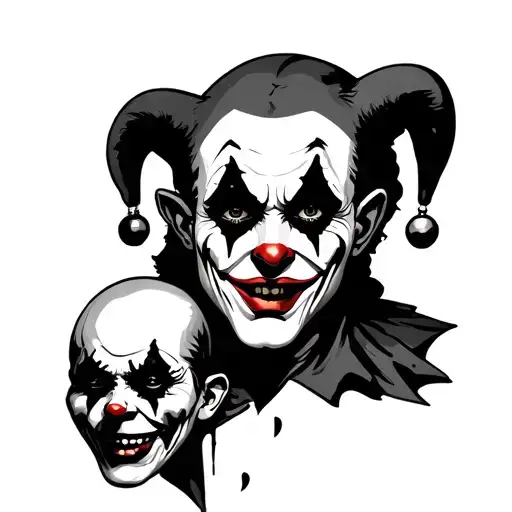 Dark court jester holding the ripped off head of a clown tattoo design idea