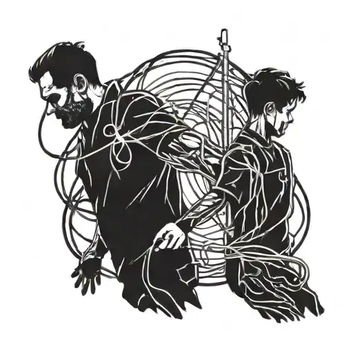 A tattoo design featuring a silhouette of a father and son holding hands, with electrical wires weaving around them symbolizing the electrician occupation tattoo design idea
