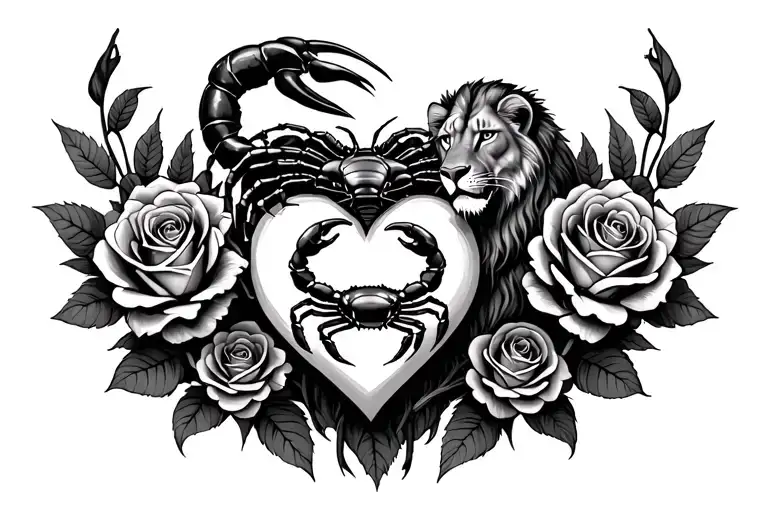 heart with scorpions and a lion and a crab surrounded by roses tattoo design idea