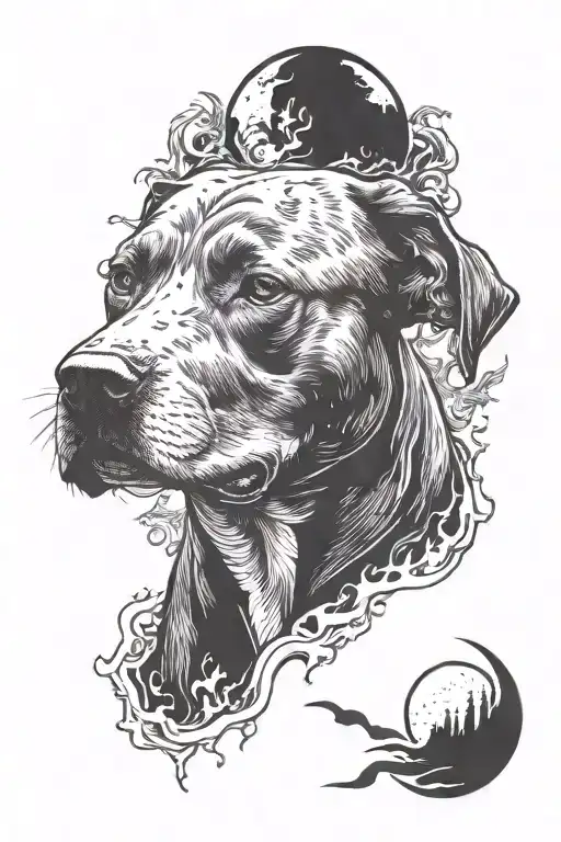 pitbull and fire and moon tattoo design idea