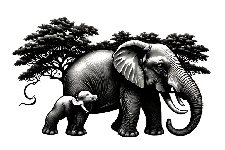 the giving tree and momma elephant rocking her baby boy in her trunk tattoo design idea