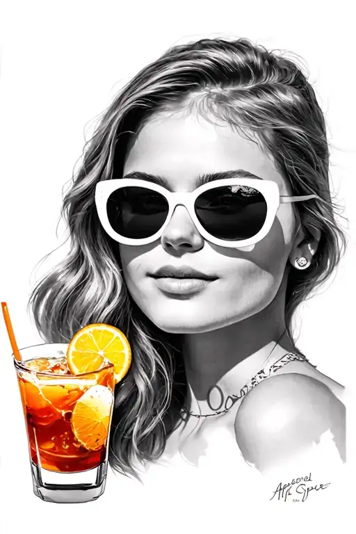 Blended Face of a girl wearing white sunglasses with amalfi coast road in the background, espresso and Aperol spritz tattoo design idea