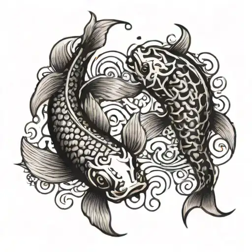 2 koi fish with a tribal scorpion emerging tattoo design idea