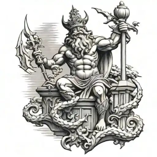 king Neptune statue full body Virginia beach scene tattoo design idea