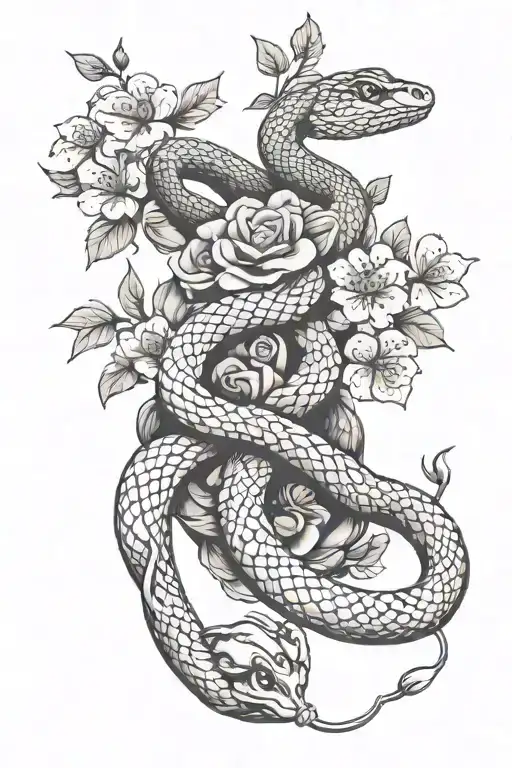 snake with cherry blossoms and roses  tattoo design idea