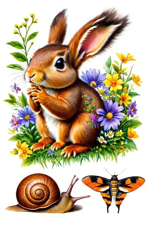 Brown bunny, flowers and greenery, red squirrel, chipmunk, moth, snail, and field mouse tattoo design idea