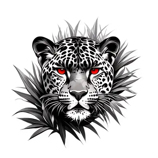 Jaguar face with red eyes coming out of bushes  tattoo design idea