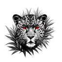 Jaguar face with red eyes coming out of bushes  tattoo design idea