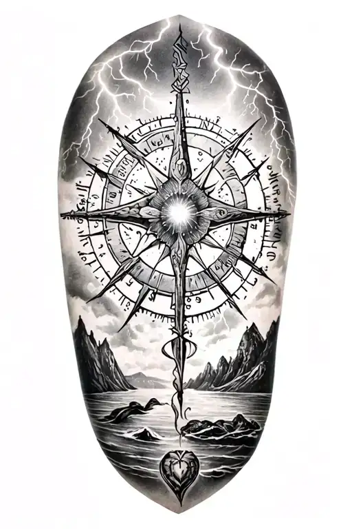 vegvisir and lightining storm and fjord and nature tattoo design idea