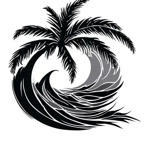 Single Palm Tree With Wave tribal tattoo design idea
