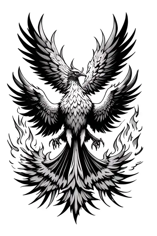 symmetric phoenix bird rising with spread wings and a little fire in the back ground tattoo design idea