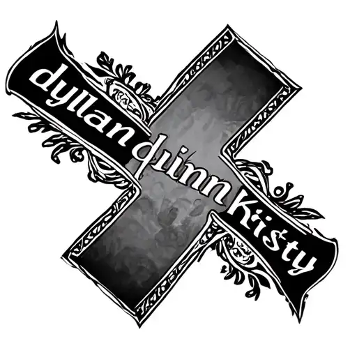 Vertical tattoo with the names dylan, kristy, dan, as side pieces with the main name being quinn. Use a pointy cross tattoo design idea
