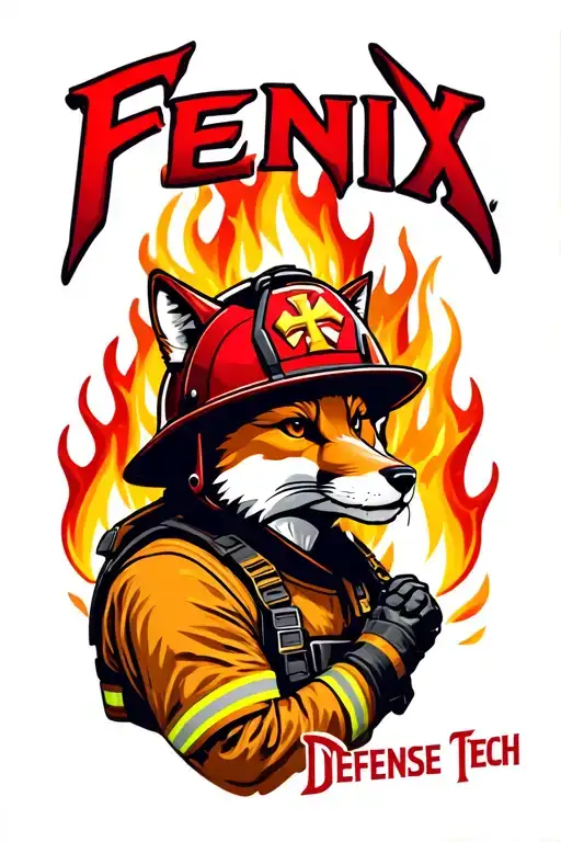 "Fenix Defense Tech" Fox wearing firefighter gear, surrounded by flames. Helmet has maltese cross fire symbol. tattoo design idea