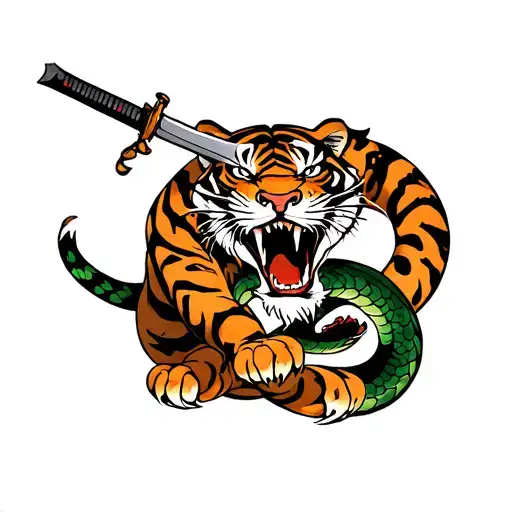 tiger with katana in mouth fighting a snake tattoo design idea