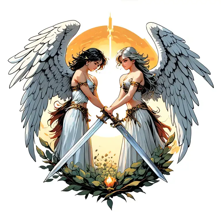 two angels crossing the swords in the background tattoo design idea