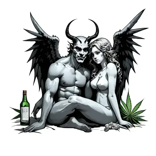 demon and angel sitting with alcohol and weed tattoo design idea