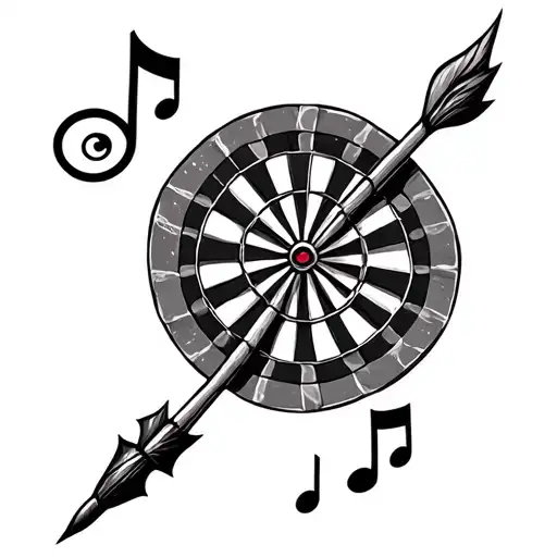 dart with music note intertwined tattoo design idea