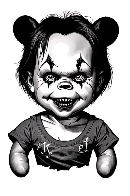 Full-sleeve tattoo stencil in the same layout and vibe as the Chucky ‘me vs me’ design. Evil Winnie the Pooh on top wear tattoo design idea