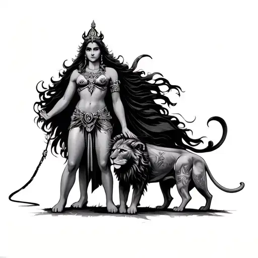 goddess ishtar full body holding two lions on a leash beneath her tattoo design idea