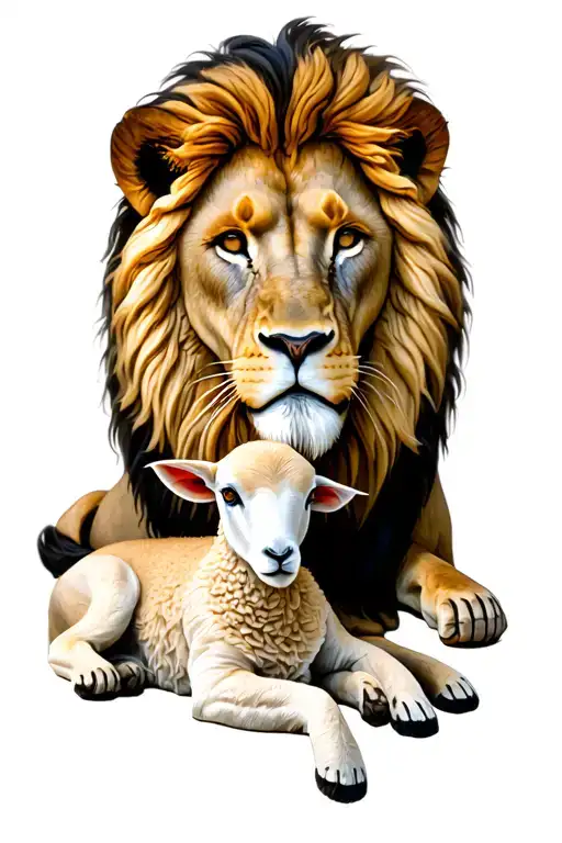 Lion of Juda realistic with Lamb laying next to him tattoo design idea
