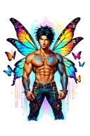 sexy adult gay male faery cartoon bodybuilder, playful, magical. Around him are butterflies, rainbows.  tattoo design idea