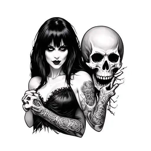 spooky elvira and skulls sleeve tattoo design idea
