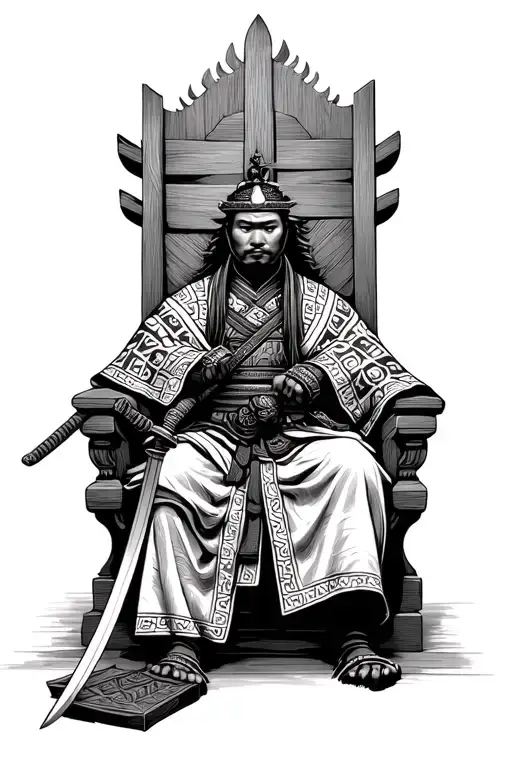Samurai wielding a sheathed sword sitting on a throne covered in Lesotho blanket  tattoo design idea