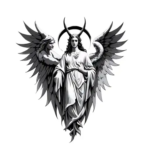 guardian seraphim angel with a devil and angel side halo and horns tattoo design idea