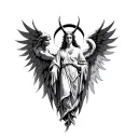 guardian seraphim angel with a devil and angel side halo and horns tattoo design idea