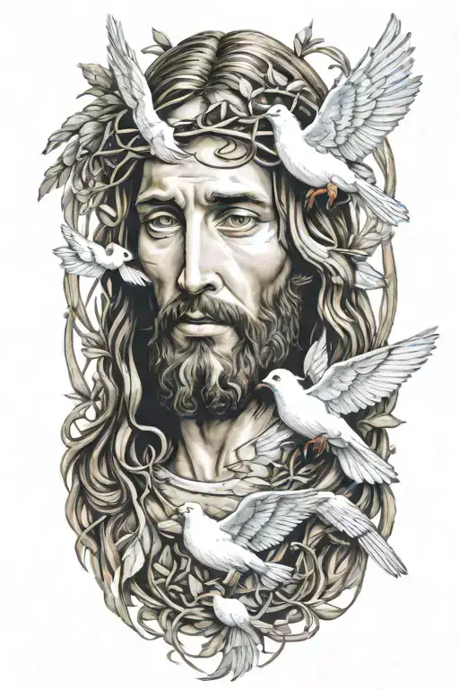 A detailed portrait of Jesus surrounded by doves carrying olive branches tattoo design idea