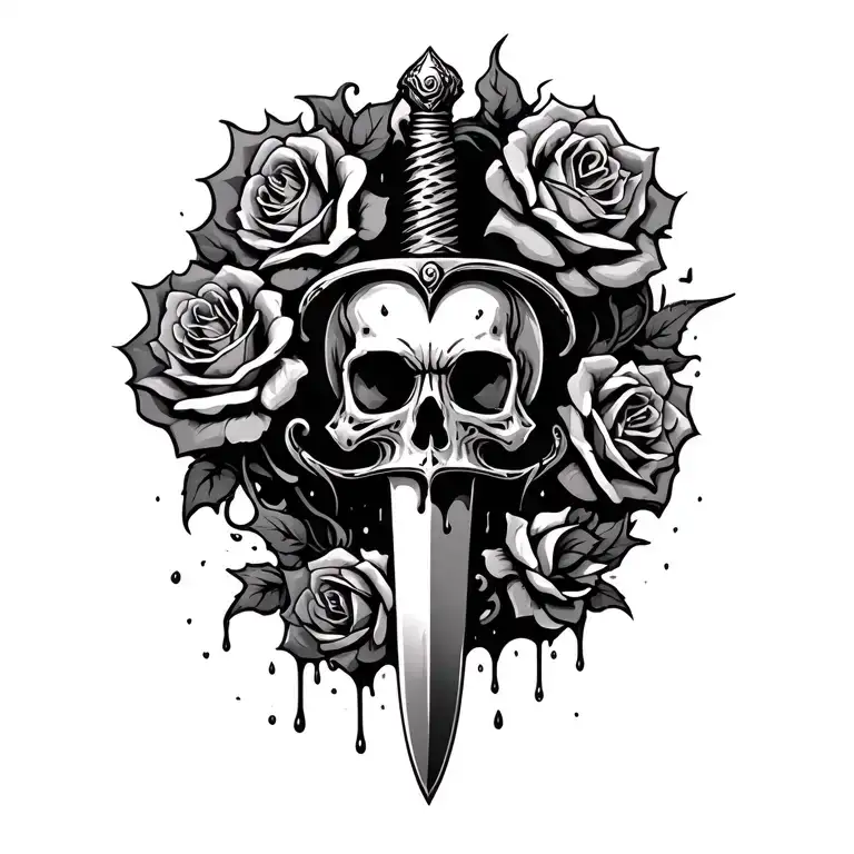 medieval dagger dripping blood, with skull pommel, thorny roses, wispy smoke rising, name Monica in italics tattoo design idea