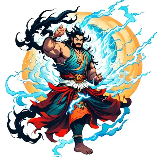 Imagine the shoulder and upper arm showing Raijin, the god of lightning, in a dynamic pose. He's surrounded by storm clo tattoo design idea