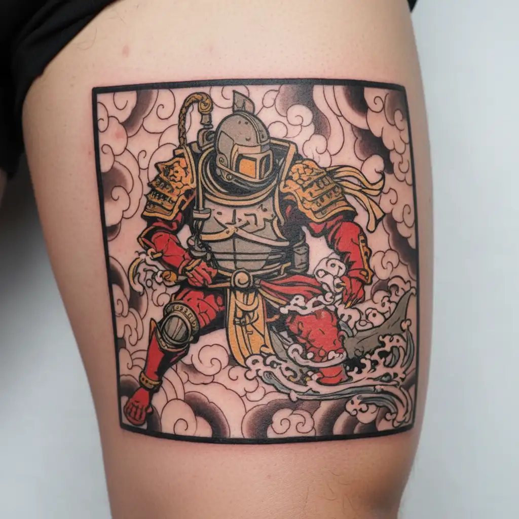 knight scuba diver exploring a shipwreck tattoo design idea